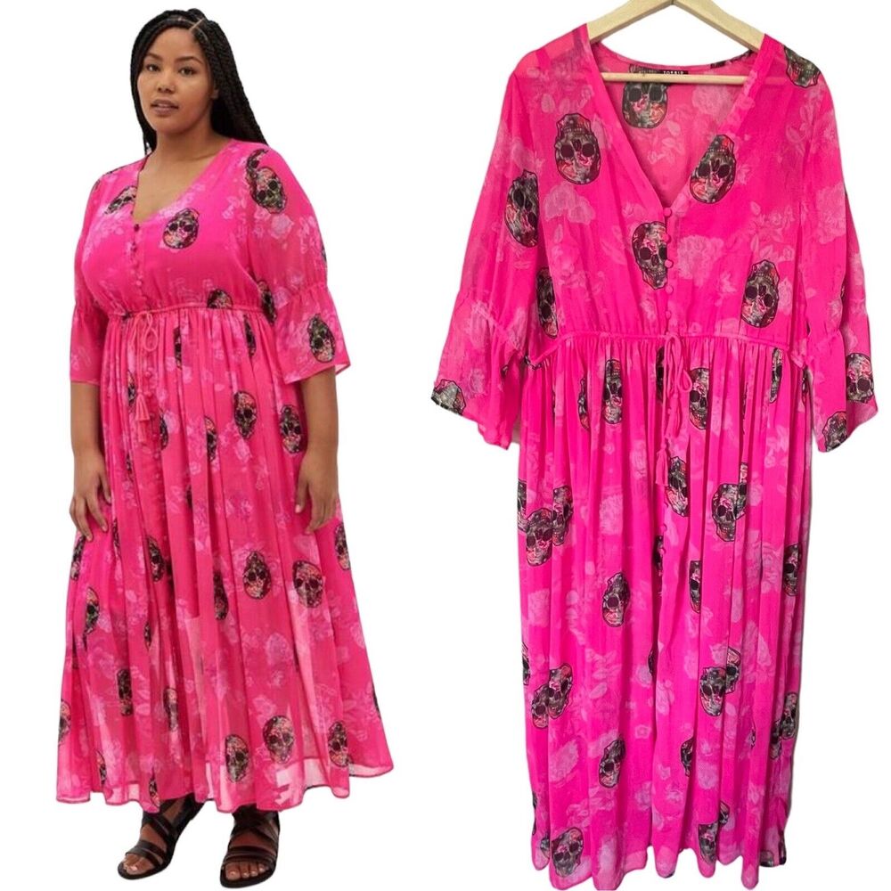 Torrid Hot Pink Skull Novelty Print Maxi Dress Sheer Womens Size 1 1X Plus Size